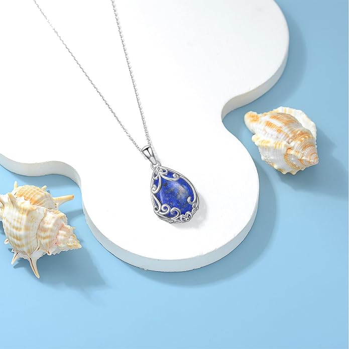 HPQQ Teardrop Necklace 925 Sterling Silver Filigree Gemstone Pendant Necklace Fine Jewelry Birthday Mother's Day Gifts for Women Her Mom