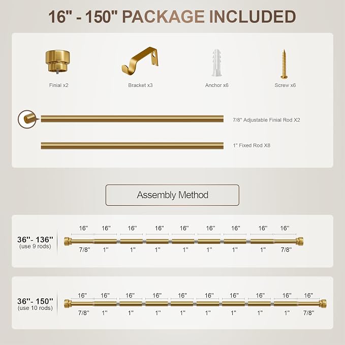 Lootkell Modern Gold Curtain Rods for Windows 72 to 144 Adjustable Length Heavy Duty 1" Diameter Brass Window Curtain Rod with Solid Metal Finials for Outdoor Farmhouse Bedroom Kitchen Living Room