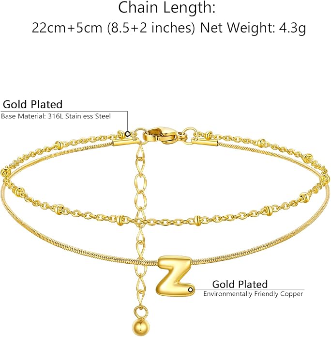 ChainsProMax Initial Ankle Bracelets for Women, Waterproof Anklets Bracelet Adjustable Summer Beach Women Foot Jewelry, Stainless Steel/Gold Plated-Send Gift Box/Letter A-Z