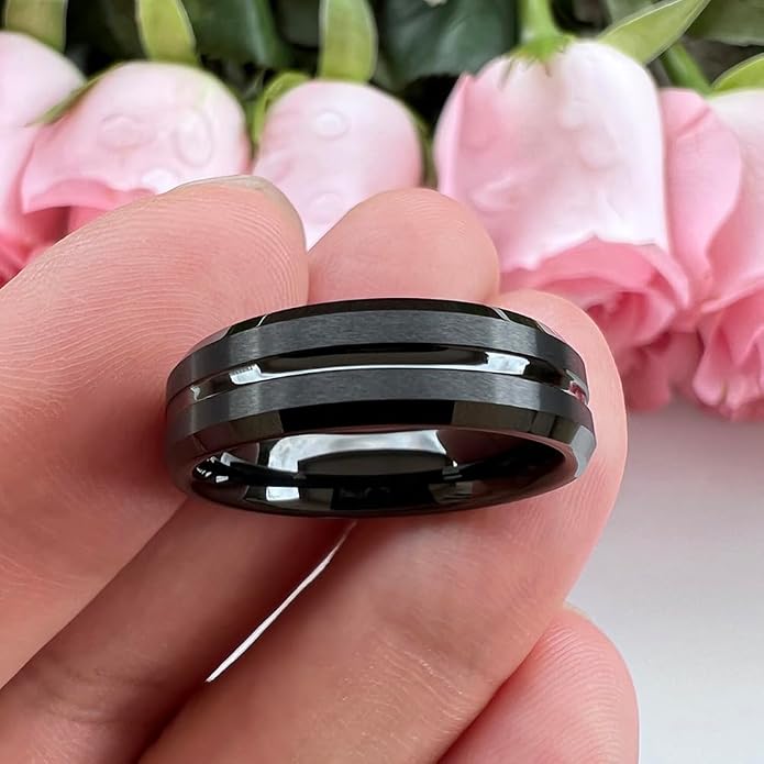 TUTISS 6mm 8mm Silver/Black/Blue/Gunmetal/Gold/Rose Gold Tungsten Rings for Men Women Fashion Engagement Wedding Bands Matte Finish Beveled Edges Comfort Fit