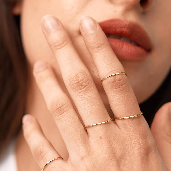 Me&Hz Gold Stackable Rings Thin Band Rings Dainty Gold Rings for Women Trendy Beaded Twist Hammered CZ Stacking Rings 14K Gold Plated Rings for Teen Girls Midi Knuckle Pinky Finger Jewerly