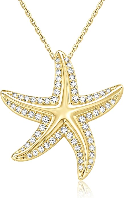 Starfish/Seashell Necklace for Women, 925 Solid Sterling Silver / 14k Gold Plated Sea Life Jewelry with 5A Cubic Zirconia Shell Necklace, Trending Summer Holiday Jewelry Gift for Her