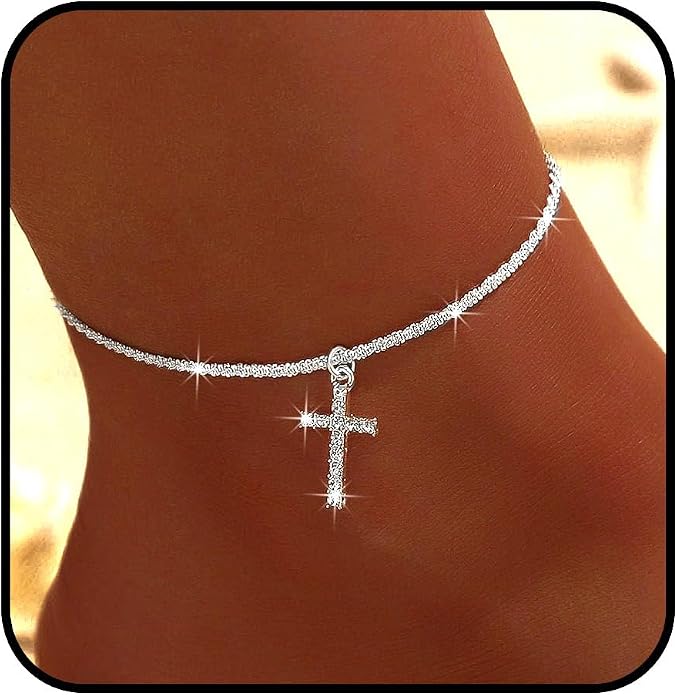 Yalice 925 Sterling Silver Ankle Bracelets for Women Dainty 14K Gold Plated Anklets Set Shiny Waterproof Ankle Chain Cross Beach Foot Jewelry Gifts