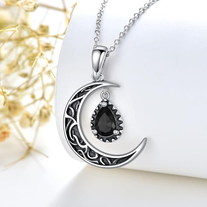 VONALA Crescent Moon Necklace Sterling Silver Emerald/Red/Purple/Black/Rainbow Topaz/Green/Aquamarine/Blue/Moss Agate Celtic Moon Teardrop Necklace Celtic Jewelry Gifts for Women Birthday