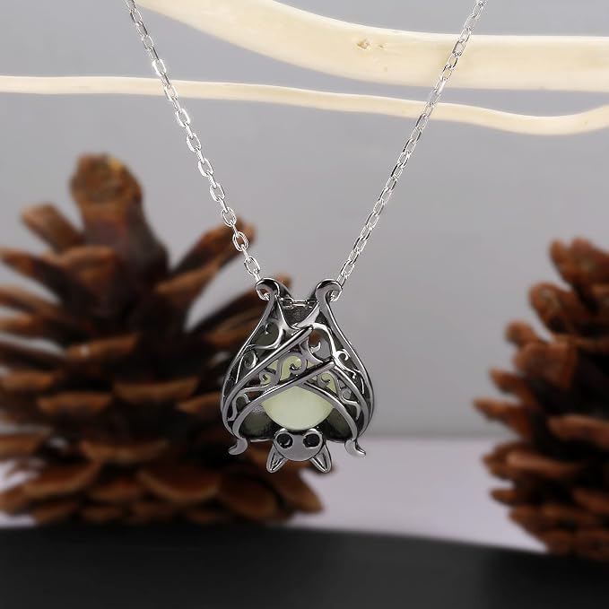 APOTIE 925 Sterling Silver Bat Necklace Bracelet Cute Animal Glowing in the Dark Halloween Jewelry Gift for Women Girl