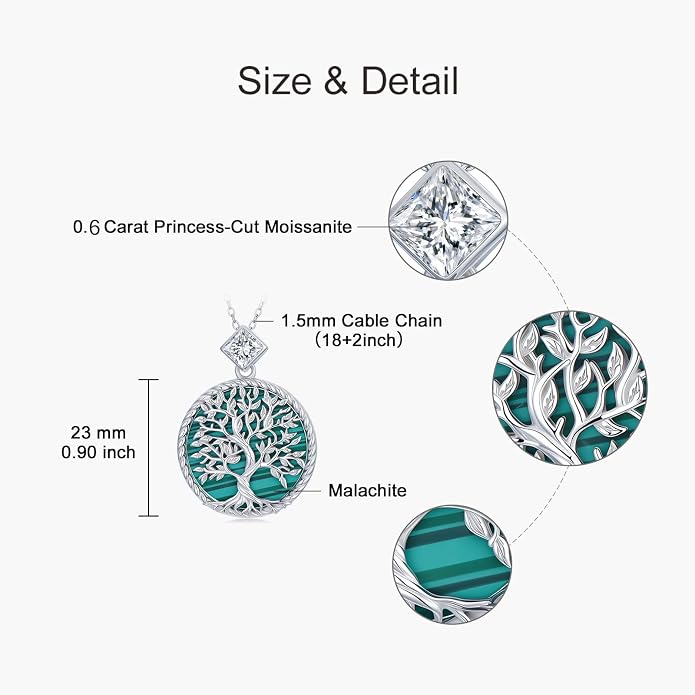 Tree of Life Moissanite Necklace, 925 Sterling Silver 0.5 Carat Moissanite Abalone Shell/Opal/Black Onyx/Turquoise/Malachite/Tiger Eye Stone Tree of Life Pendant Necklaces Jewelry Gift for Women Mom