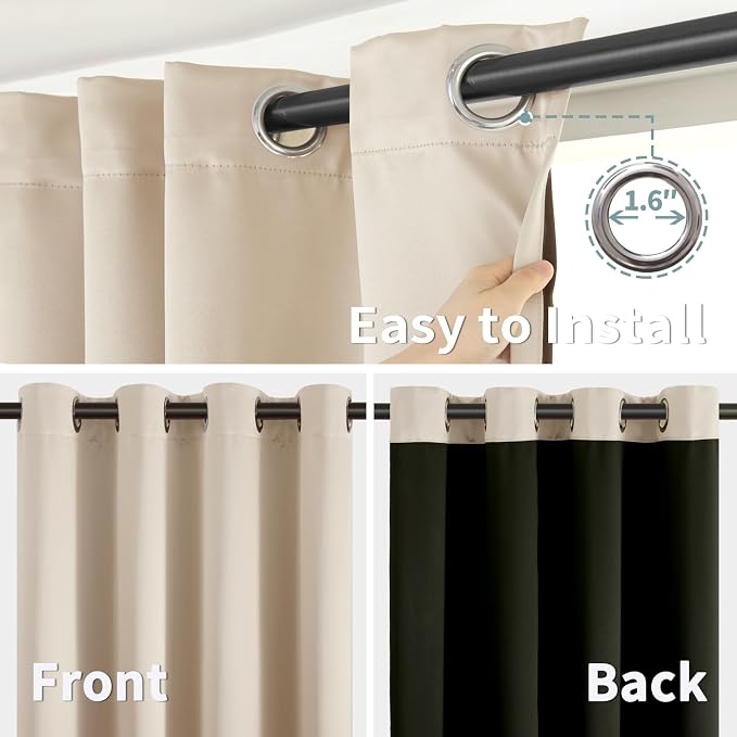 BGment Thermal Insulated 100% Blackout Curtains 90 Inch Length 2 Panels, Total Light Blocking Curtains for Bedroom, Grommet Window Drapes with Thick Black Liner, 52 Inch Wide Each Panel, Champagne