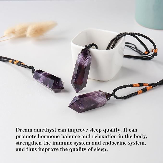 Runyangshi Dream Amethyst Healing Crystal Pendants, Double Pointed Natural Crystal Quartz Necklace 6 Faceted Chakra Crystal Wand Stone