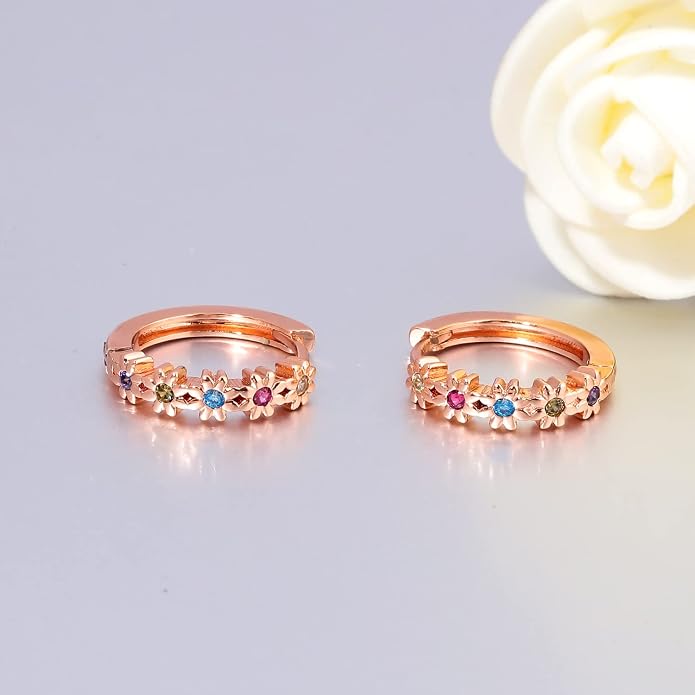 CiNily Small Hoop Earrings for Women Girls Flower Cubic Zirconia Huggie Earrings Hypoallergenic 14K Yellow Gold Plated Cartilage Earrings