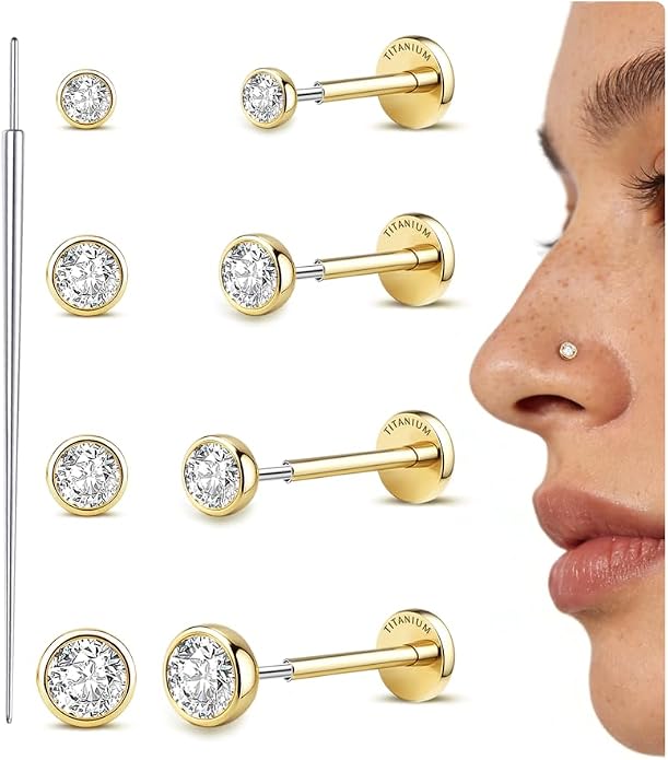 GEMQUEEN 4 Pairs 16G/18G/20G G23 Titanium Implant Grade Nose Studs Threadless Flat Back Earrings Hypoallergenic Flatback 5A CZ Cartilage Helix Tragus Conch Tiny Lip Piercing Jewelry for Women Men