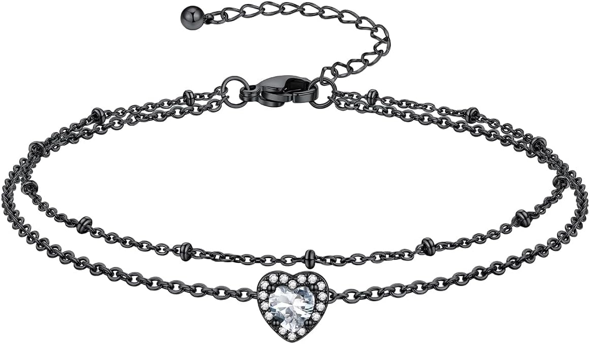 Richsteel Double Layer Heart/Butterfly Birthstone Anklet for Women Non Tarnish Waterproof, Silver/Gold/Black Stainless Steel 8.5-10.5 Inch Adjustable Chain Anklets Jewelry Gifts for Her