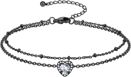Richsteel Double Layer Heart/Butterfly Birthstone Anklet for Women Non Tarnish Waterproof, Silver/Gold/Black Stainless Steel 8.5-10.5 Inch Adjustable Chain Anklets Jewelry Gifts for Her