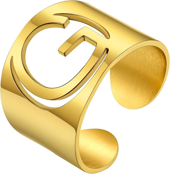 KeyStyle Bold Initial Letter Rings Adjustable, GoldChic Jewelry Women Gold Statement Ring Personalized Engraved Women’s Open Signet Ring for Party (Gold, White Gold, Black)