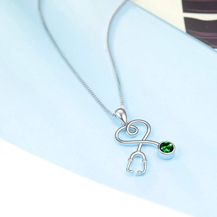AOBOCO Stethoscope Necklace 925 Sterling Silver Embellished with 12 Months Birthstone Crystals from Austria, Graduation Gifts Medical Jewelry for Doctor Nurse Medical Student RN