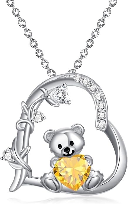 PELOVNY Teddy Bear Necklace for Women 925 Sterling Silver Bear/Highland Cow/Fox/Cat/Axolotl Birthstone Necklace Christmas Birthday Jewelry Gifts for Mom Daughter Wife Sister