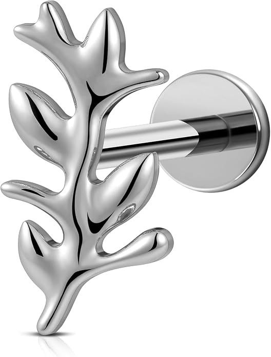 FINE4U 1PC Leaf Flat Back Stud Flat, Helix, Conch, Tragus 6mm 8mm - ASTM F136 Titanium Screw on Body Piercing Jewelry