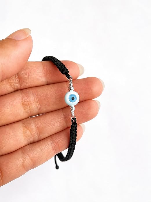 Evil Eye Bracelet for Men Women, Sterling Silver Protection Bracelet, Adjustable Black or Red Woven Cord Bracelet, Good Luck Jewelry Gift