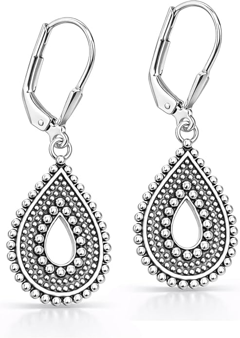 LeCalla 925 Sterling Silver Antique Earrings for Women | Filigree Leverback Dangle Earring | Drop Dangle Earrings for Women | Oxidized Silver Jewelry for Her Mom Wife