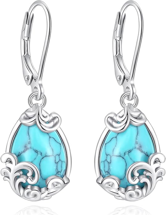 Vito 925 Sterling Silver Teardrop Earrings for Women, Moonstone Turquoise Drop Dangle Earrings Cat Snake Turtle Tree of Life Leverback Earrings Boho Jewelry Gift for Mom Wife
