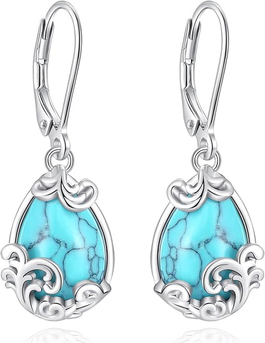 Vito 925 Sterling Silver Teardrop Earrings for Women, Moonstone Turquoise Drop Dangle Earrings Cat Snake Turtle Tree of Life Leverback Earrings Boho Jewelry Gift for Mom Wife