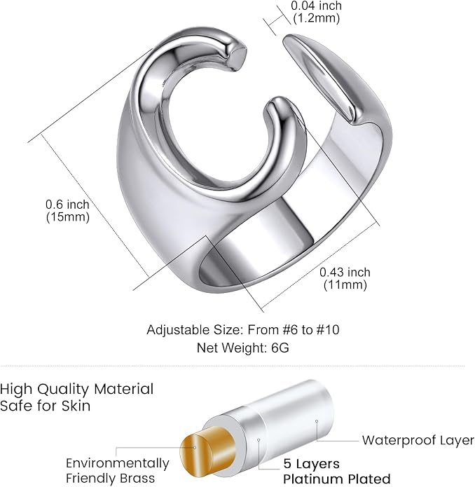 KeyStyle Bold Initial Letter Rings Adjustable, GoldChic Jewelry Women Gold Statement Ring Personalized Engraved Women’s Open Signet Ring for Party (Gold, White Gold, Black)
