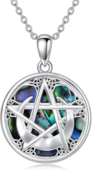 YFN Triple Moon Goddess Necklace Sterling Silver Pentagram Pentacle Opal Pendant necklace Pagan Wiccan Magic Amulet Tree of Life Jewelry for Women Men 18"