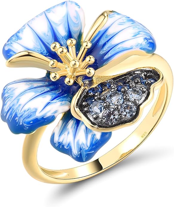 Santuzza 925 Sterling Silver Enamel Flower Statement Ring for Women