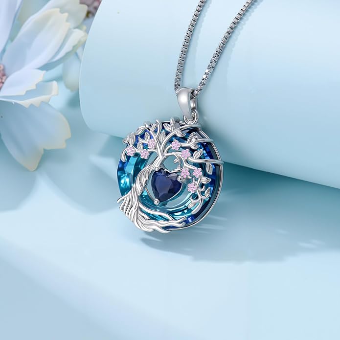 Tree of Life Birthstone Necklace 925 Sterling Silver Crystal Tree of Life Pendant Birthstone Jewelry Birthday Christmas Gifts for Women Mom Her Wife