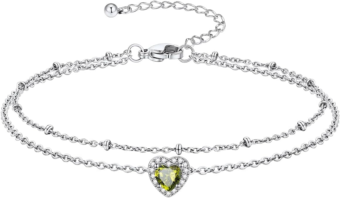 Richsteel Double Layer Heart/Butterfly Birthstone Anklet for Women Non Tarnish Waterproof, Silver/Gold/Black Stainless Steel 8.5-10.5 Inch Adjustable Chain Anklets Jewelry Gifts for Her