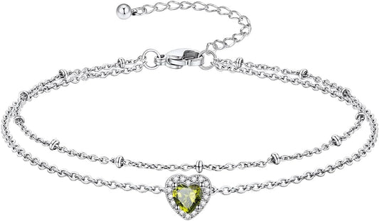 Richsteel Double Layer Heart/Butterfly Birthstone Anklet for Women Non Tarnish Waterproof, Silver/Gold/Black Stainless Steel 8.5-10.5 Inch Adjustable Chain Anklets Jewelry Gifts for Her