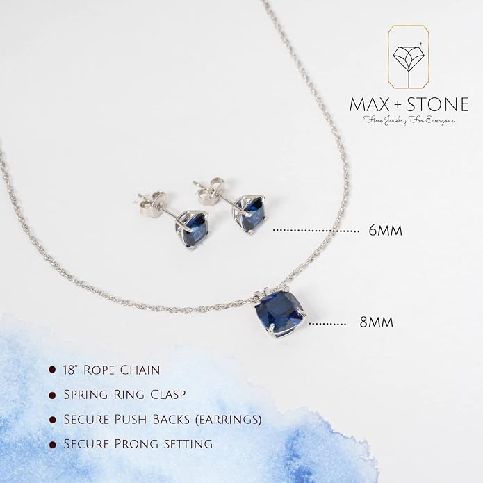 MAX + STONE 14k Gold Plated or Sterling Silver Cushion Cut Gemstone Stud Earrings and Pendant Necklace for Women with 6mm and 8mm Birthstones 18 Inch Chain and Push Backs Jewelry Set