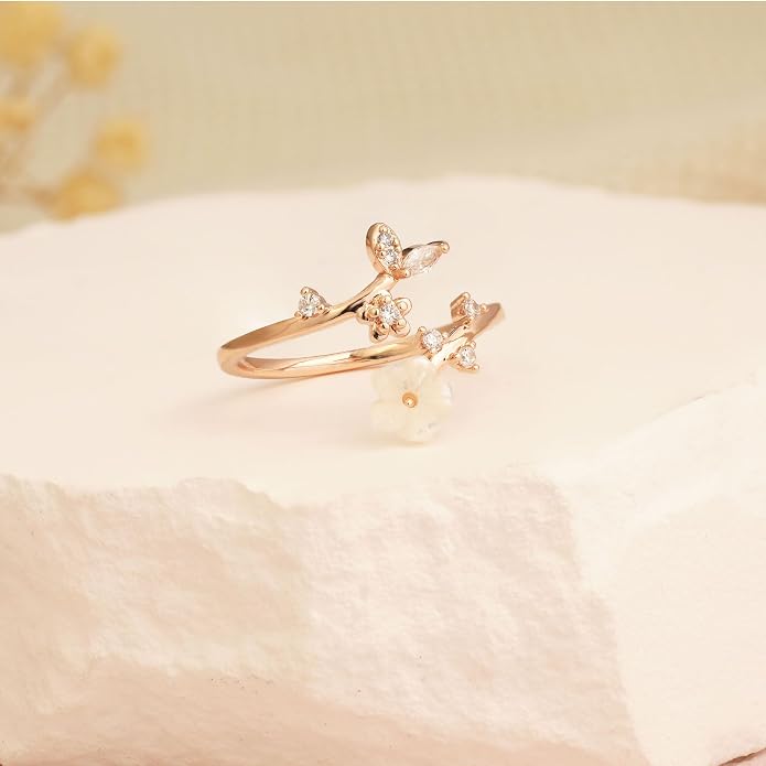 Birthstone Flower Rings For Women Non Tarnish Gemstone Cubic Zirconia Mother of Pearl Adjustable Size 7-11 Silver Rose 14K Gold Plated Birth Jewelry Gift For Birthday