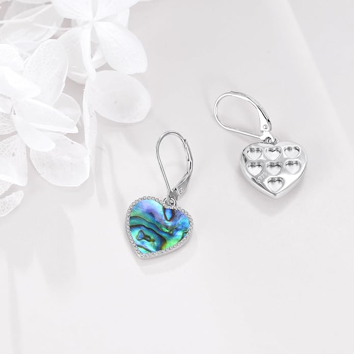 Mother of Pearl/Black Onyx/Abalone Shell Heart Leverback Dangle Earrings Sterling Silver Fashion Jewelry Gifts for Women