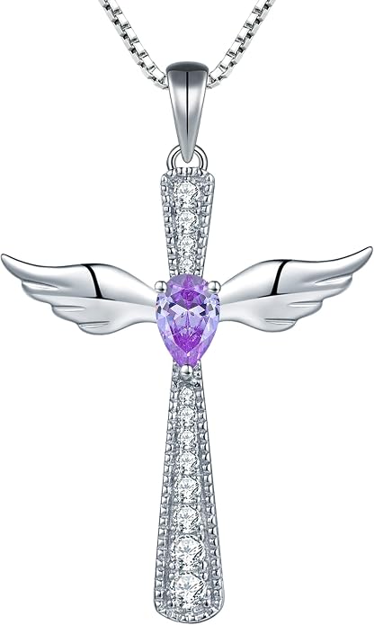 YL Cross Necklace 925 Sterling Silver Angel Wings Pendant Teardrop Birthstone Criss Jewelry for Women