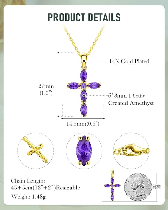 14K Gold Plated 925 Sterling Silver Birthstone Cross Necklace for Women Men
