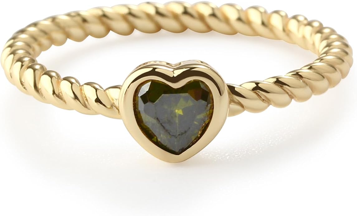 Precious Pieces 14K Gold Plated over .925 Sterling Silver Twisted Rope Band Baby Ring with Heart Birthstone CZ for Babies, Infants, Toddlers, Little Girls, Stackable or Pinky Ring for Teens and Women