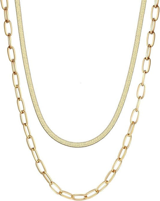 FOCALOOK 14K Gold Plated Necklaces for Women, Fashion Herringbone Choker Necklace Stainless Steel Flat Snake Chain 3/5MM(W) 12.5"/15"/18"+3.5"(L)