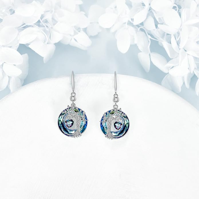 POPLYKE Tree of Life Birthstone Earrings 925 Sterling Silver Dainty Gemstone Birthstone Dangle Drop Earring with Crystal Fine Jewelry Birthday Gifts for Women Her
