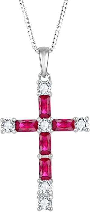 Birthstone Cross Necklace for Women 925 Sterling Silver Christian Religious Crucifix Pendant Rectangular Cut Birthstone Jewelry Gifts for Her