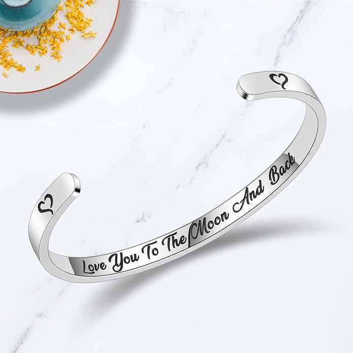 TONY & SANDY Inspirational Bracelets for Women Teen Girls Personalized Gifts for Daughter Granddaughter Mom Sister Friends Stainless Steel Engraved Cuff Birthday Easter Christmas