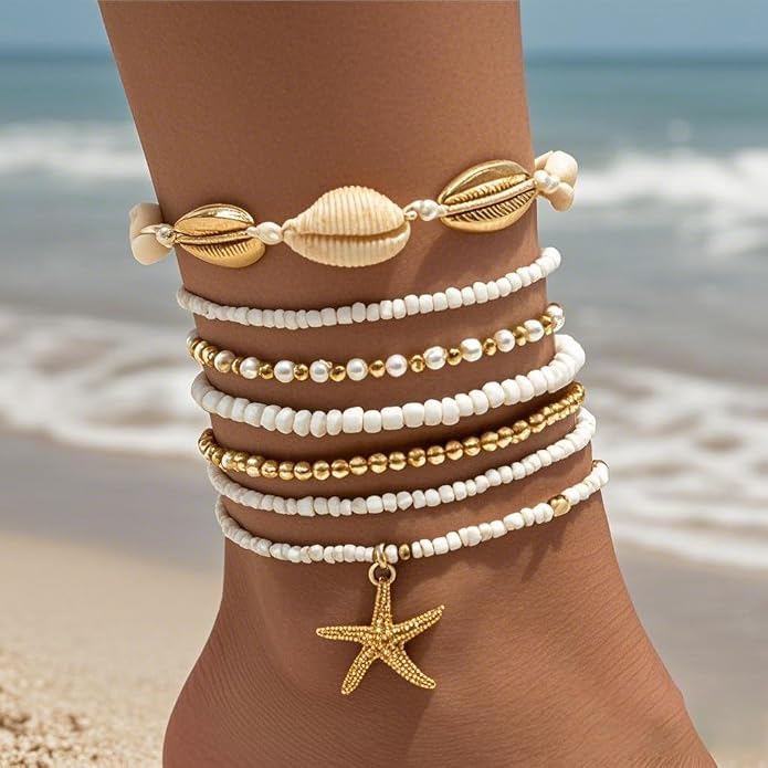 Mermaid Starfish Anklet Bracelets for Women Bohemian Beaded Anklet Adjustable Rice Bead Anklets Bracelet Handmade Woven Hawaiian Beach Seashell Pearls Waterproof Anklets Summer Beach Mermaid Jewelry