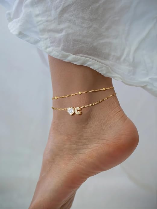 FindChic Silver/14K Gold Plated Layered CZ Initial Ankle Bracelet for Women | Waterproof Stainless Steel, Cubic Zirconia Letter Charm, Non-Tarnish, Hypoallergenic, Adjustable Extender, Summer Jewelry