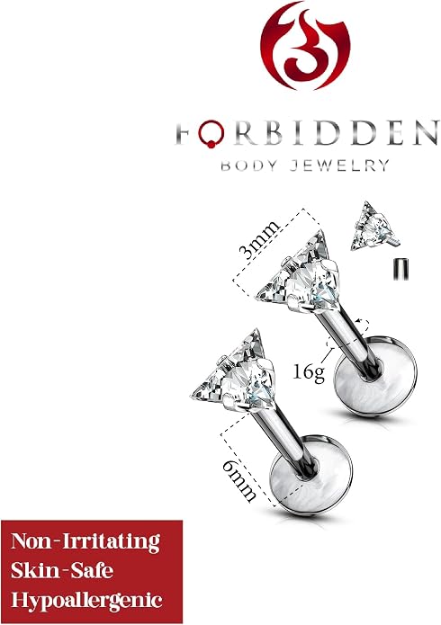 Forbidden Body Jewelry 16 g Titanium Internally Threaded CZ Triangle Flat Back Piercing Stud Earring, Helix, Cartilage, Labret, Monroe for Women or Men