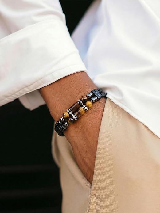 Mens Leather Turquoise/Tiger Eye/Obsidian/Lava Stone Bracelet–Braided Multi‑Layer Wristband Cuff Bangle Barcelet–Jewelry Box and Pouch Packing