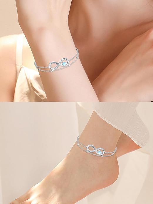 925 Sterling Silver Ankle Bracelet Evil Eye/Dolphin/Sea Turtle/Infinity/Wave Seashell/Hamsa Ankle Bracelet Adjustable Summer Beach Ocean Jewelry for Women