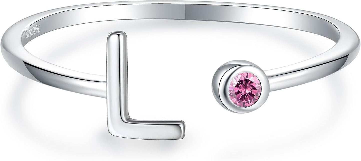 925 Sterling Silver Initial Letter Birthstone Rings for Women Adjustable 1-12 Month Birthstone Alphabet Stacking Ring for Teens Girls Stackable Birthstone Rings Birthday Jewelry Gift for Daughter Mom