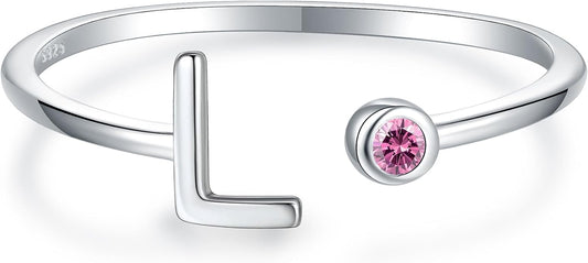 925 Sterling Silver Initial Letter Birthstone Rings for Women Adjustable 1-12 Month Birthstone Alphabet Stacking Ring for Teens Girls Stackable Birthstone Rings Birthday Jewelry Gift for Daughter Mom