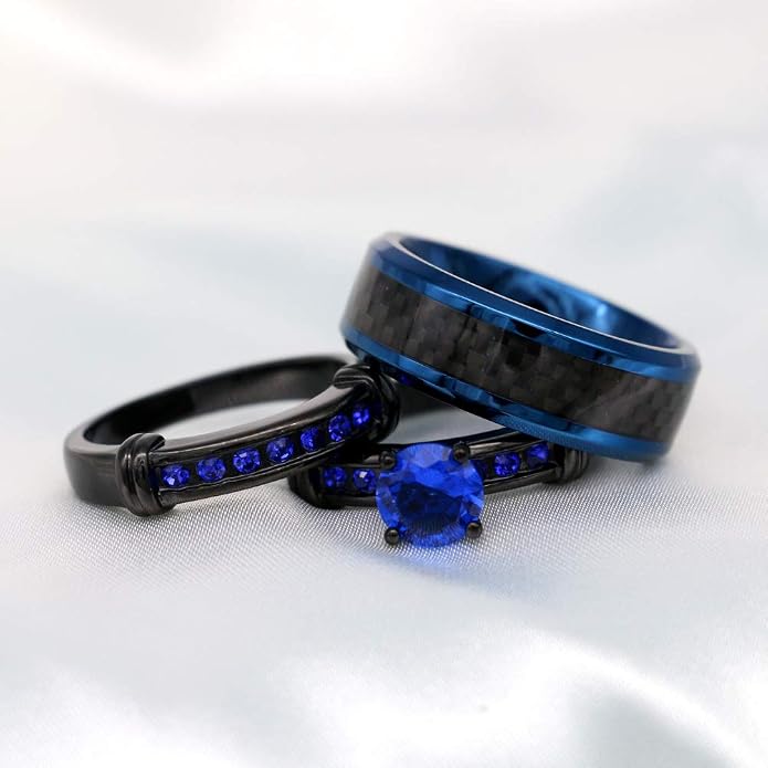 3pcs Matching Rings His and Hers Ring Couple Rings Pruple Cz Womens Wedding Ring Sets Wedding Bands