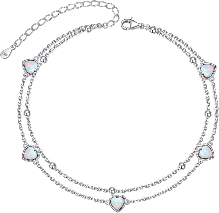 Flyow Anklet for Women S925 Sterling Silver Adjustable Foot Beaded Heart Charm Ankle Bracelet Anklets Jewelry