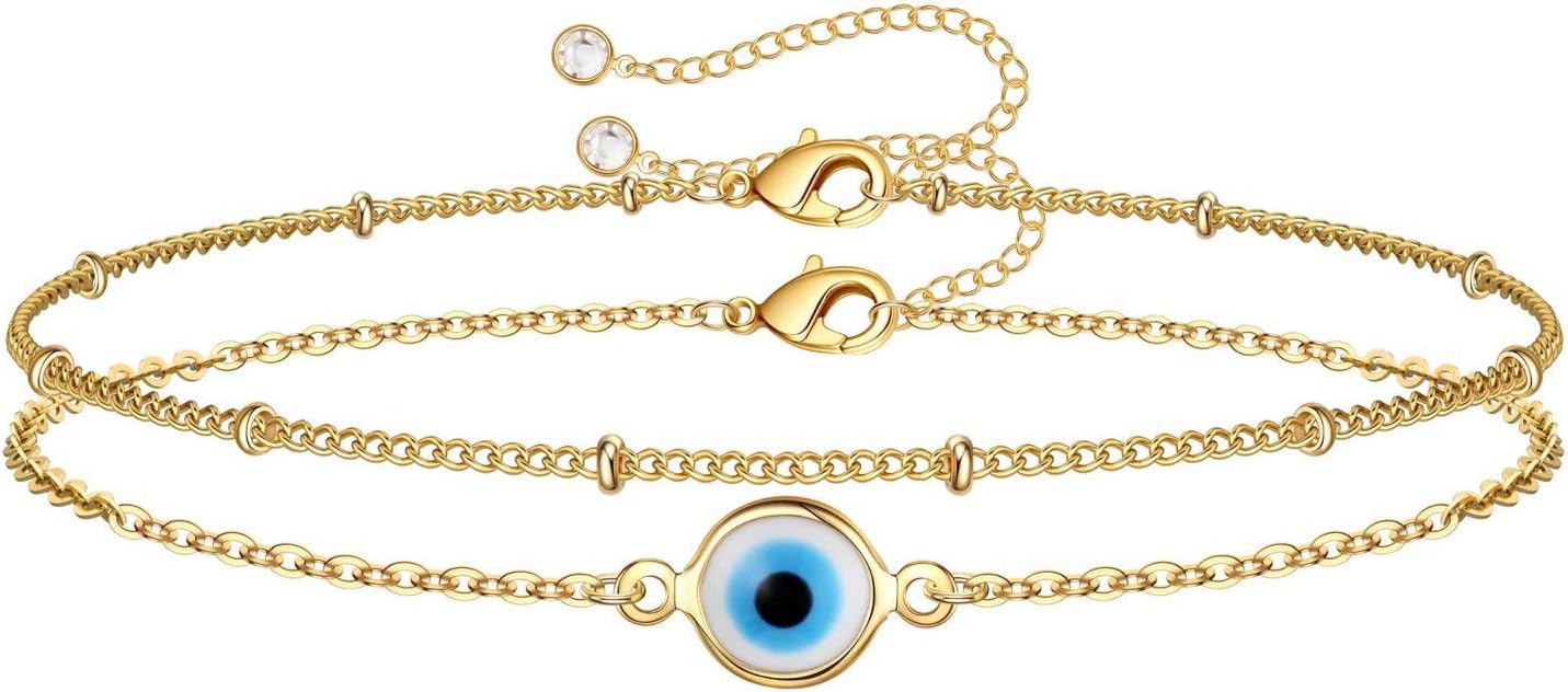 Dainty Gold Bracelets for Women, 14K Gold Plated Adjustable Layered Beads Bracelet Cute Evil Eye Oval Chain Pearl Bar Turtle Gold Bracelets for Women Jewelry